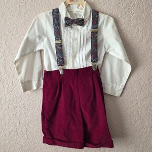 Vintage Good Lad 3T Holiday Outfit • Burgundy Velvet Shorts Paisley Suspenders